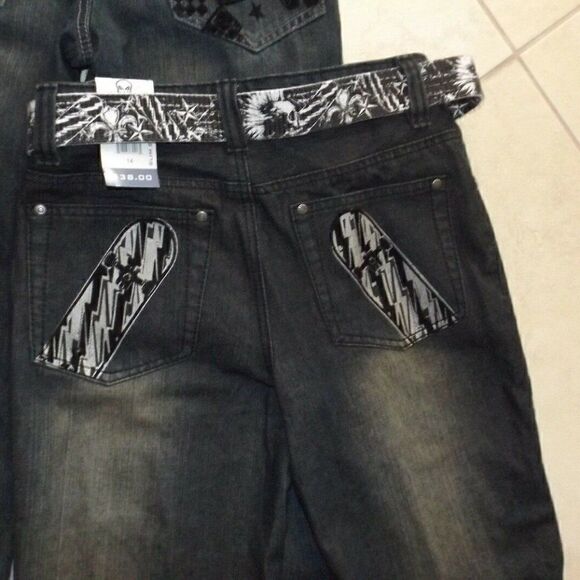 Two NWT Skullboards jeans w/ belts Boys Size 14 - Picture 3 of 8